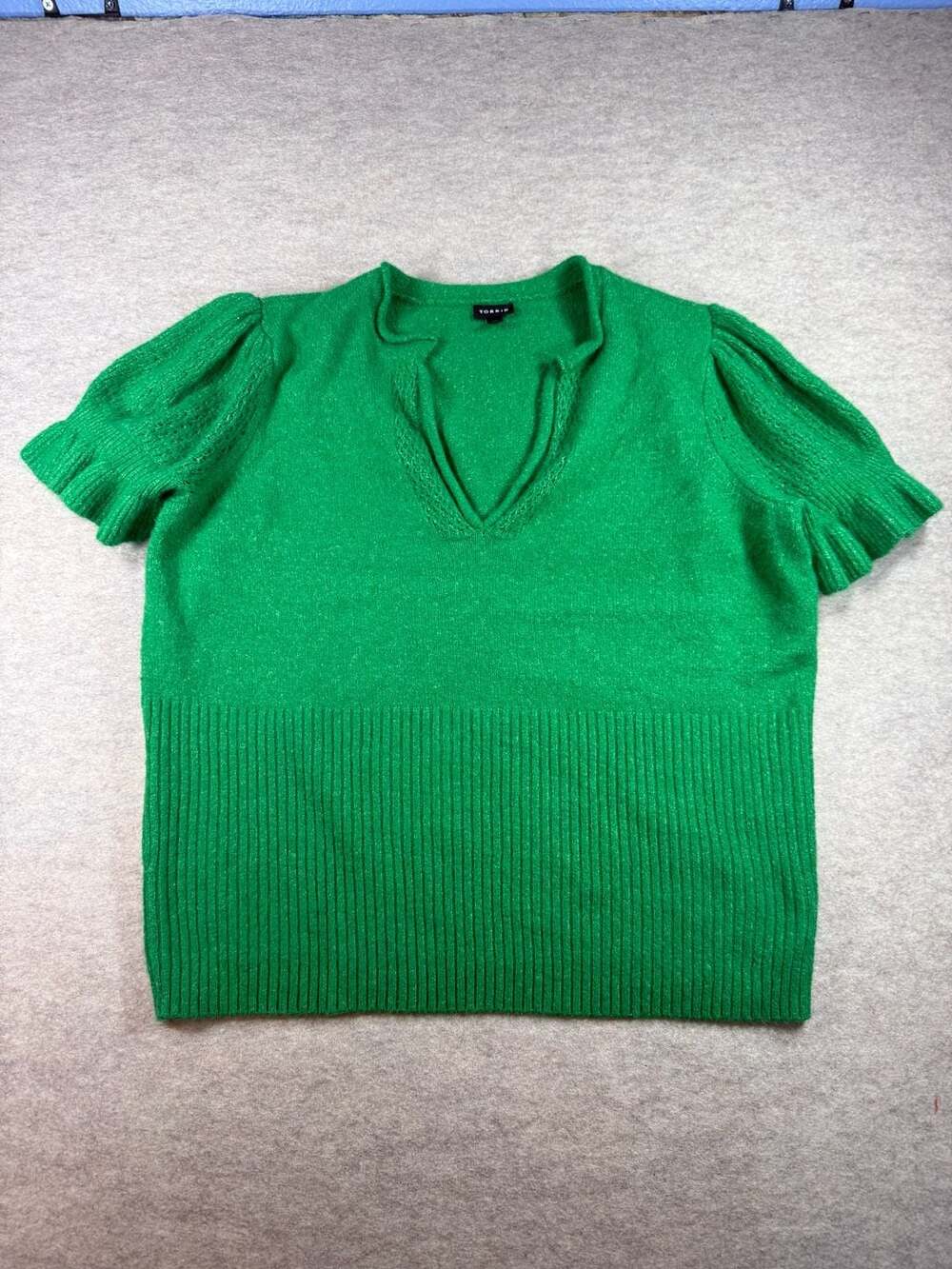 Torrid Green Puff Sleeve V-Neck Ribbed Hem Sweater Size 2